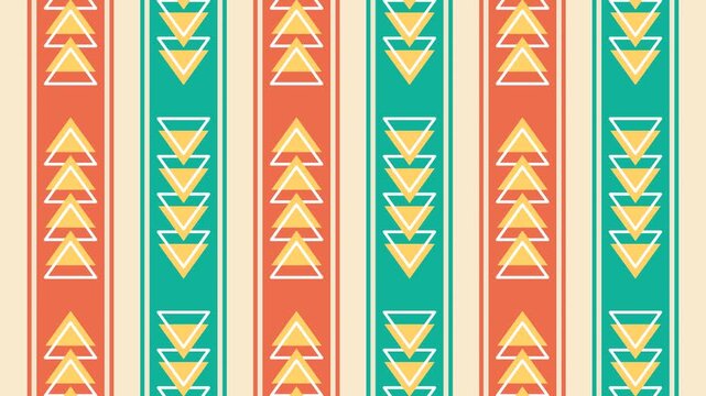 Seamless loop animation of a geometric abstract pattern on orange and green stripes moving up and down continuously against a solid cream background layout