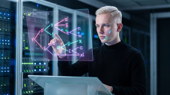 IT Professional Using Futuristic Holographic Data Visualization in Secure Server Room