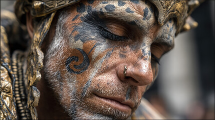 Obraz premium Close-up portrait of a man wearing elaborate tribal face paint and jaguar skin costume during a cultural ceremony or festival.
