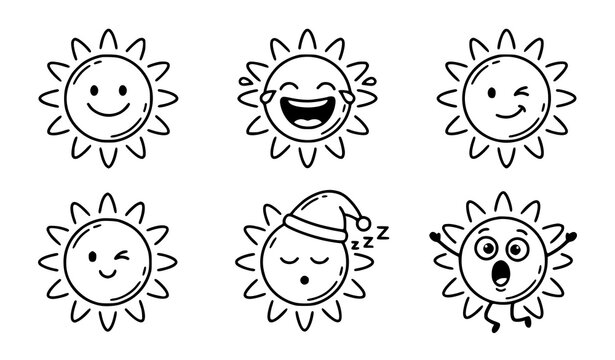 Hand drawn sun face characters with different emotions and expressions vector outline illustration.