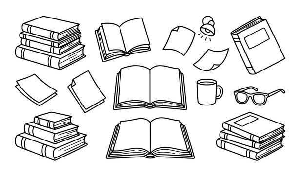Stack of books and open notebooks outline set vector illustration for education concept or coloring book.