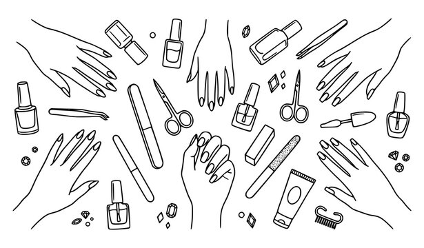 Manicure, nail care, and hand cosmetics doodle vector icon set