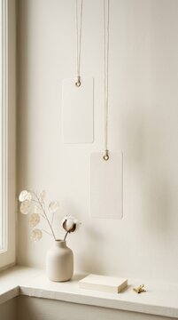 Blank White Price Tags Mockup Hanging on Strings