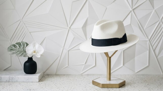 Elegant White Fedora Hat Mockup on Modern Gold Stand