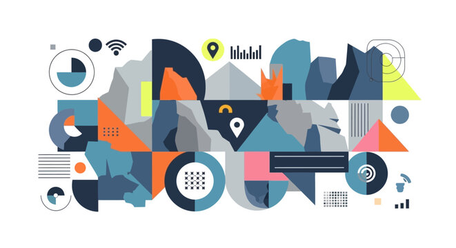 Abstract geometric vector illustration with data visualization and tech elements