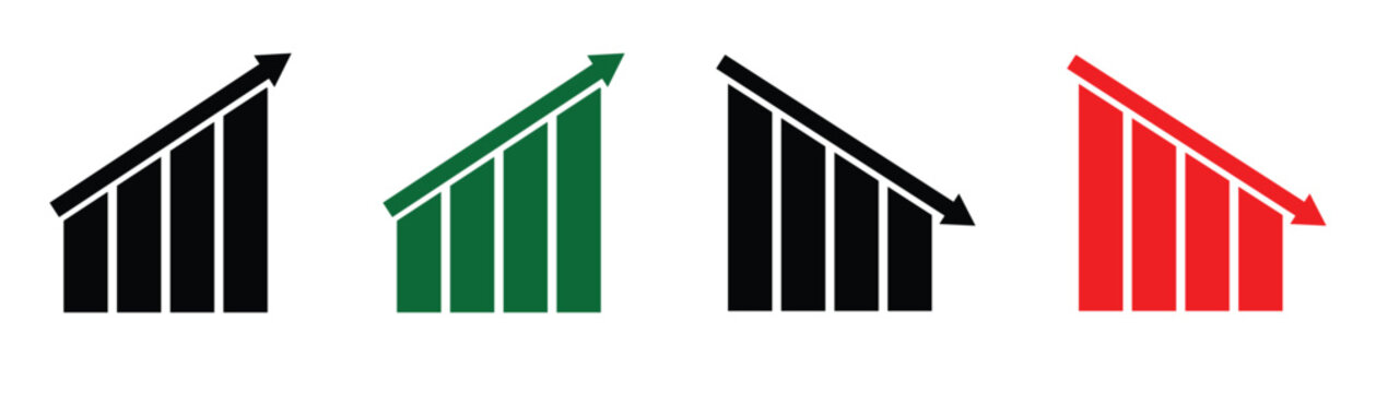 Green and red arrow vector graph charts. Stock increase and decrease icons are commonly used in trading platforms and apps. Vector art illustration.