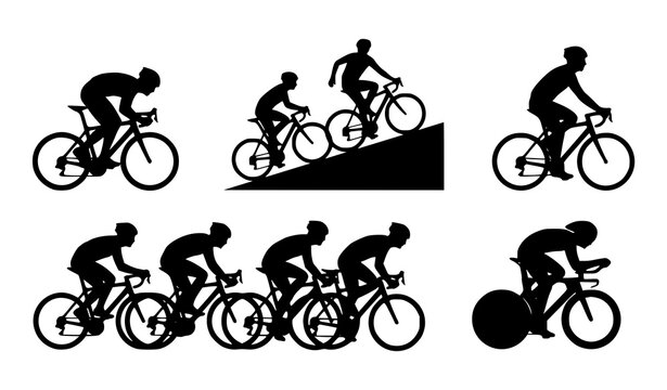 Cycling race and mountain biking silhouette icon set