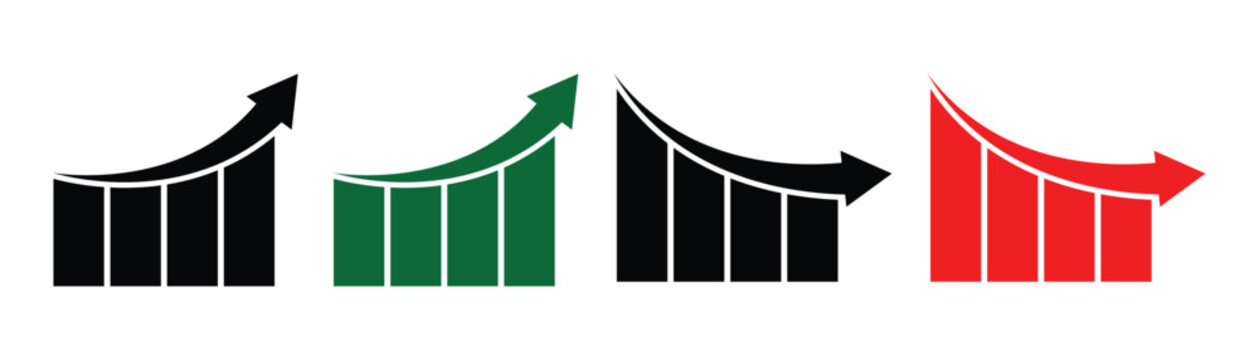 Financial profit and loss graph charts on white background. Green arrow up and red down arrow symbol used in Excel, Google Sheets, or PDF scorecards to indicate profit growth and sales volume.