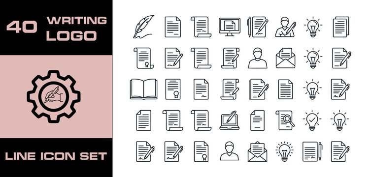 Writing line icon set featuring copywriting, blogging, content creation, author, pen, notebook, and editing. Professional editable vector illustration for notes app and UI UX design.
