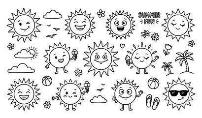 Summer sun characters doodle collection with happy expressions, clouds, and palm trees for kids coloring page. © Prodip