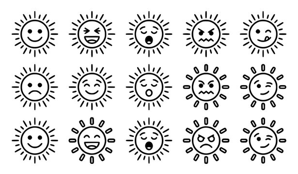 Cute sun emoji outline set with various facial expressions and emotions vector line art for coloring book.