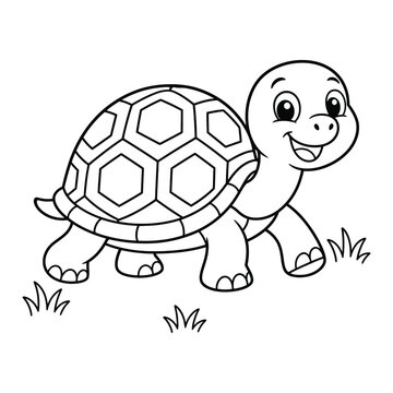 Cute Baby Turtle Smiling in the Grass, Bold and Easy Coloring Page for Kids