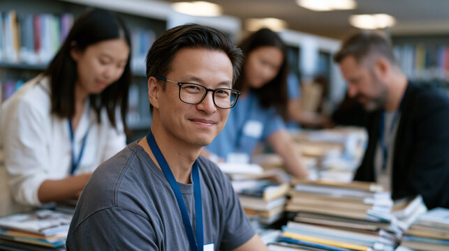 Employees from financial services firm sorting donated book collections onto rolling carts in school library during corporate volunteer day, literacy initiative partnership, CSR program, team coordi