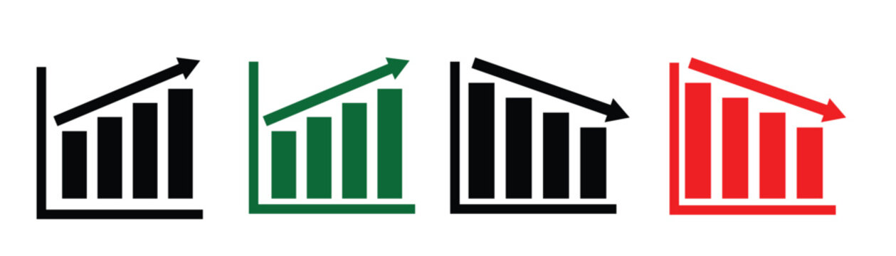  Up and down trends arrow set  in green and red color for financial reports, stock market analysis and business presentations. Vector graphic art illustration.