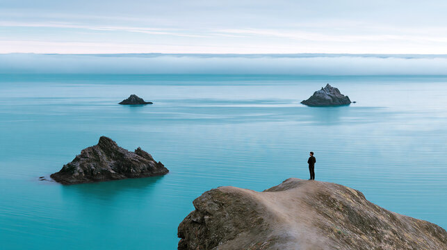 Person standing on rocky outcrop overlooking serene ocean with island formations