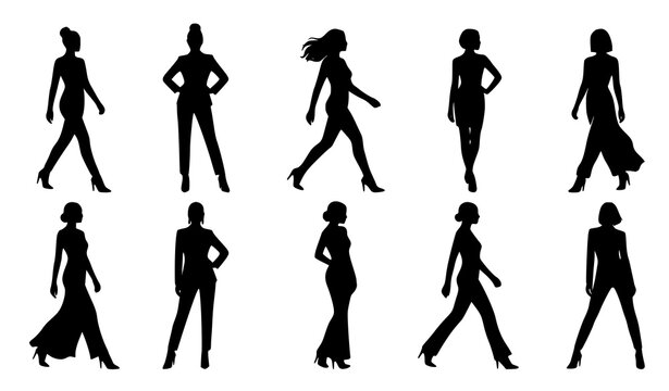 Collection of Walking and Posing Female Fashion Models Silhouette