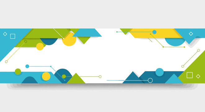 Geometric Abstract Banner: Blue, Green, Yellow Shapes, Technology Design