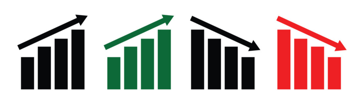 Market Up and down graph chart vector icon set on white background. Green upward arrows for gains and red downward arrows for losses.
