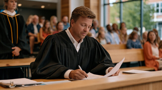 Municipal court judge in black robe reviewing pretrial motions during busy summer docket morning as bailiff stands beside defendant table and spectator benches fill with families .ultra photorealism