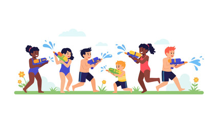 Fototapeta premium Summer Fun: Children enjoying a lively water gun fight on a sunny day, surrounded by green grass and playful flowers.