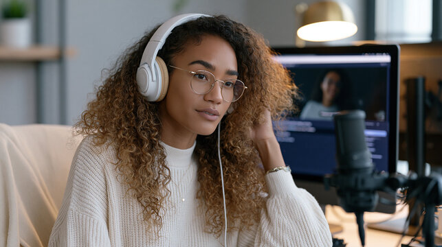Remote content creator records a tutorial video in a minimalist home studio, pausing to check auto generated closed captions populating in real time across a second monitor before approving the tran
