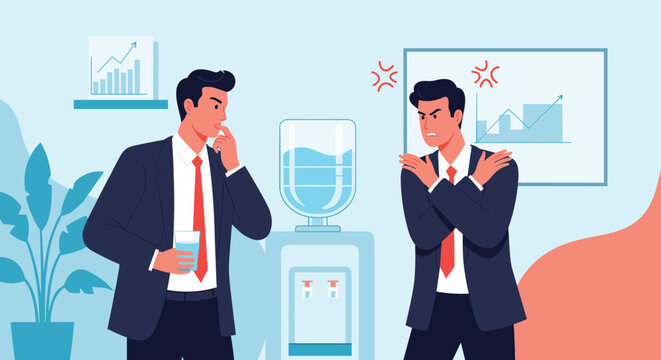 Two angry businessmen in suits having a heated argument while standing near a water cooler in a modern professional office environment.