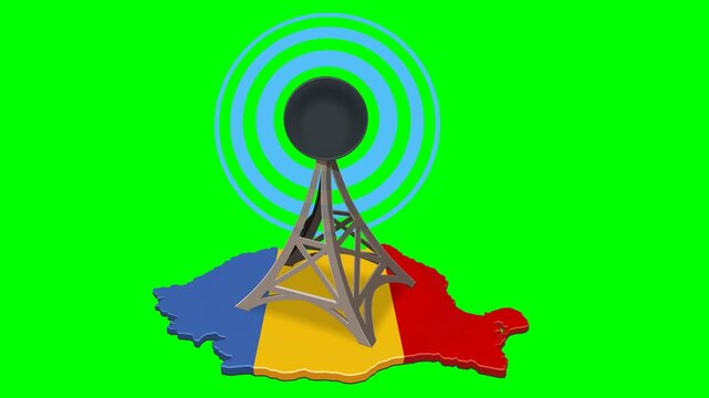 Broadcasting tower emitting radio waves over Romania map for telecom network connectivity. Chroma key green screen with alpha channel. (loopable)