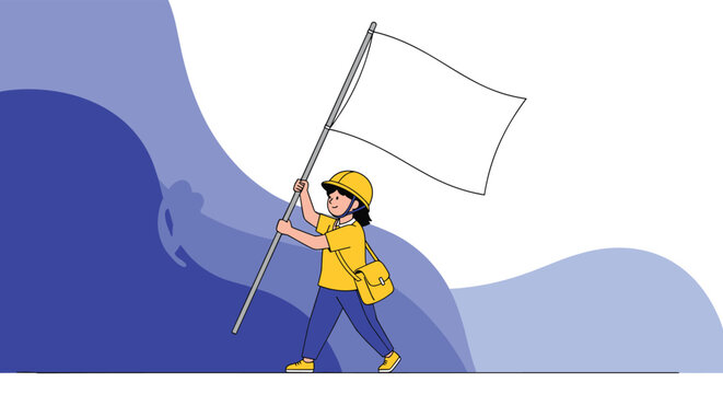 Young student in a yellow hat and blue pants walking while holding a long pole with a large blank white flag on a blue abstract background.