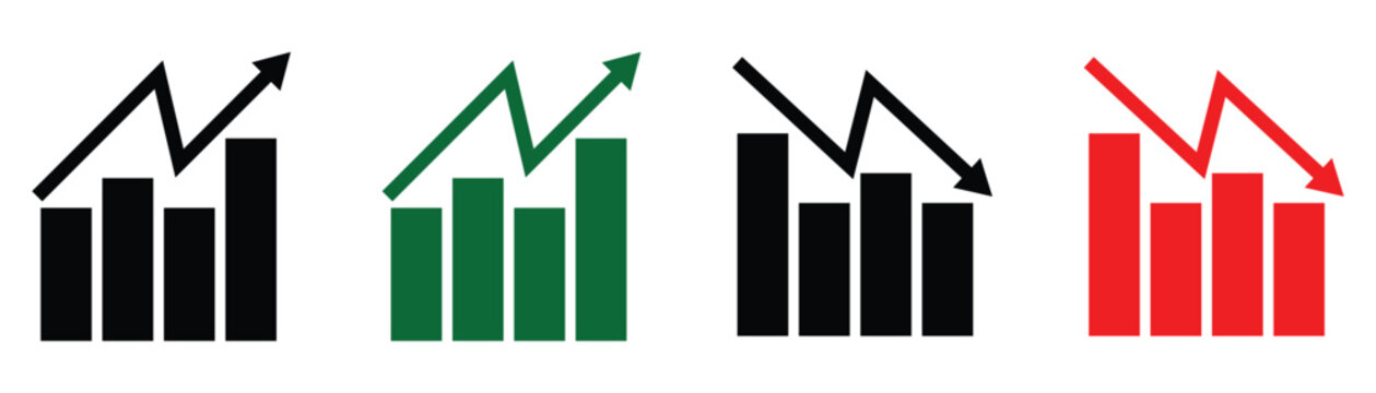 Stock up and down graph chart vector icon set on white background. Stock increase and decrease sign for growth, profit, or a price rise and decline, loss, or a price drop.