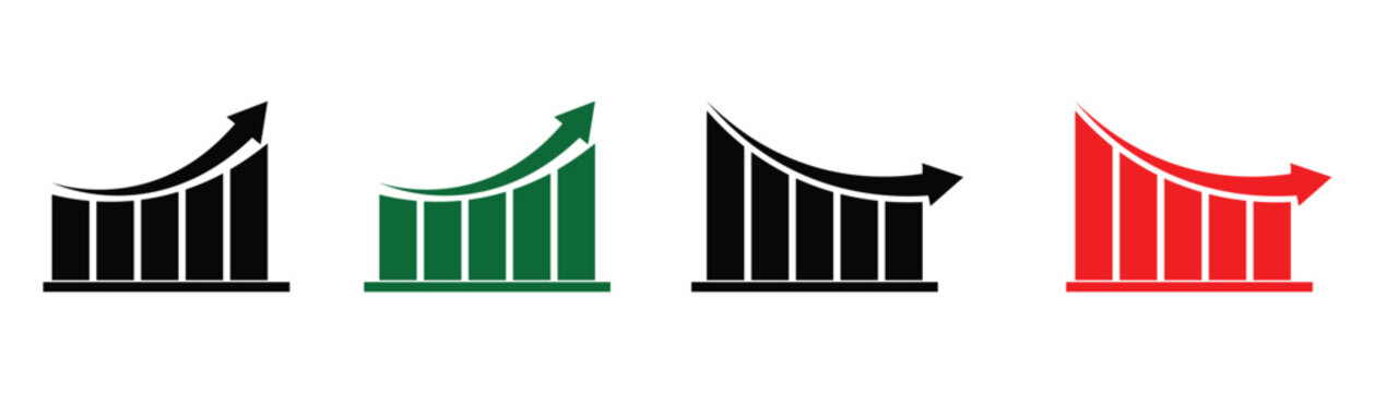 Stock up and down graph chart vector icon set on white background. Stock increase and decrease sign for growth, profit, or a price rise and decline, loss, or a price drop.