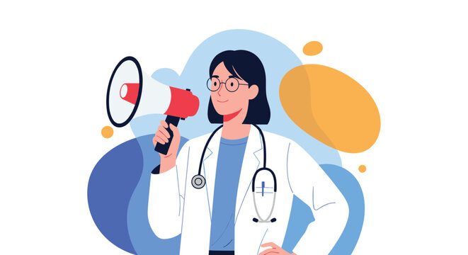 Professional female doctor in a white coat and glasses speaking through a megaphone to spread health awareness against a colorful background.