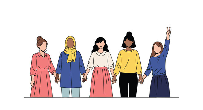 Group of diverse women from different cultures stand together and hold hands in a show of unity and female empowerment.