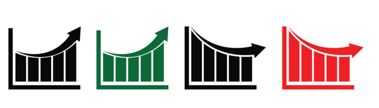Decrease and increase bar graph trading chart indicators and volume analysis. Vector illustration up and down arrow on white background.