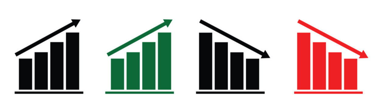 Financial up and down arrows for stock market analysis and business presentation. Stock decrease and increase bar graph vector illustration.