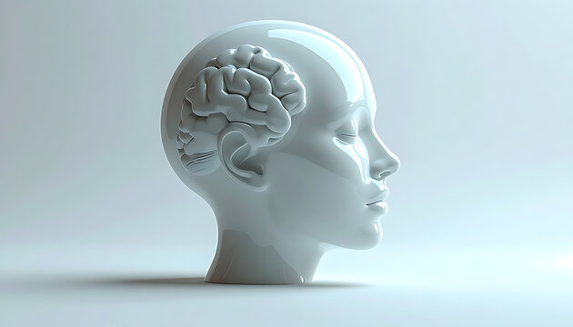 Shiny white human head profile with detailed brain model inside, representing intelligence and cognitive function, on a clean light background with subtle shadow