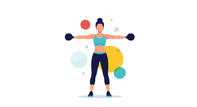 Athletic woman performing lateral raises with dumbbells to strengthen her shoulder muscles during a fitness workout.
