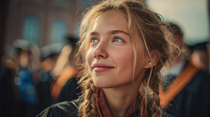 Obraz premium Young blonde woman with braided hair gazing upward with a calm expression amid a blurred urban crowd.