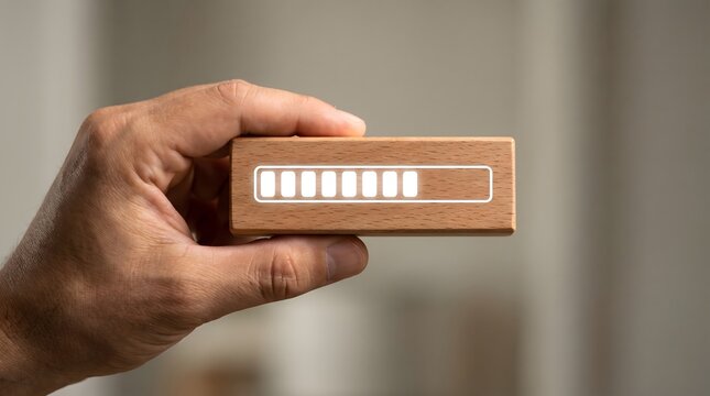 Hand holding wooden block with loading bar graphic