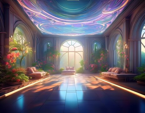 a digitally rendered ethereal interior space