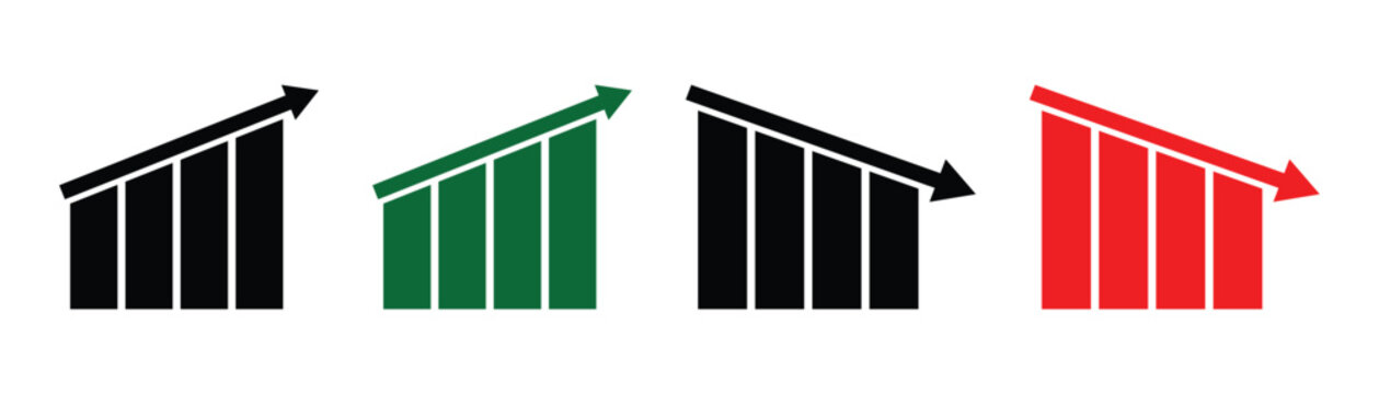 Flat design up and down bar graph vector icon. Set of financial increase and decrease arrows. Green up arrow indicates profit and Red down arrow indicates losses.