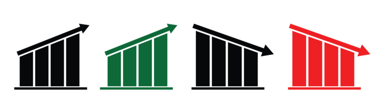 Flat design up and down bar graph vector icon. Set of financial increase and decrease arrows. Green up arrow indicates profit and Red down arrow indicates losses.
