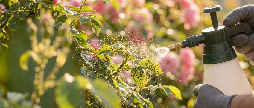 Gardener sprays organic pest control on rose bushes in warm morning light, targeting aphids and disease.