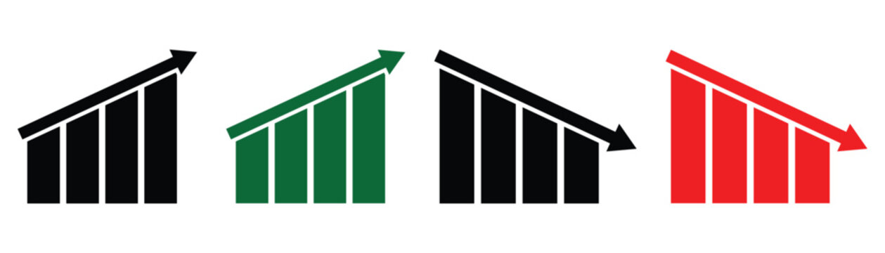Curved up and down arrow vector symbol for financial and stock markets. Green upward arrows for gains and red downward arrows for losses.  Vector  EPS 10.
