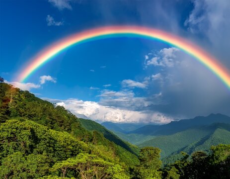 a vibrant rainbow arches over lush mountains under a blue sky with scattered clouds at midday