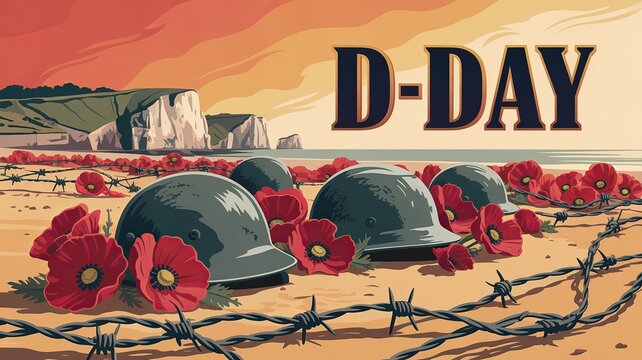 Stunning memorial poster honoring brave D-Day soldiers beside peaceful sunset ocean.