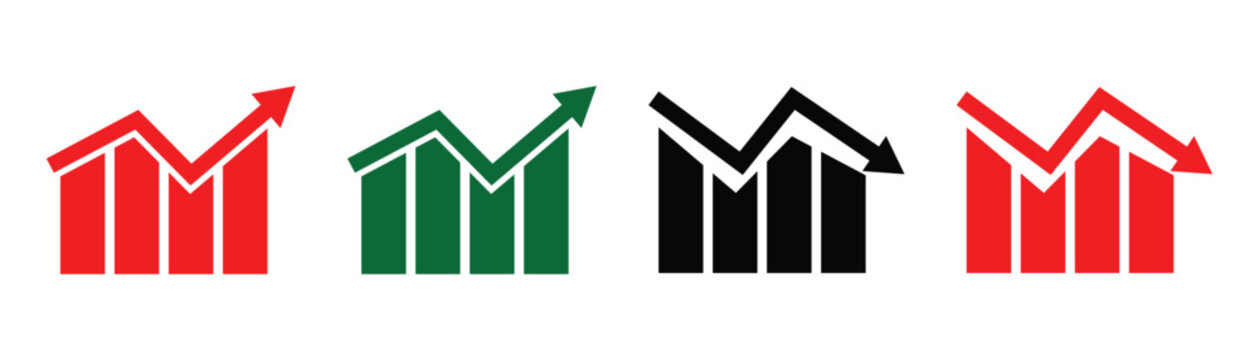Up and down arrow sign with green and red color on white background. Flat design  increase and decrease arrows icon bar chart. Vector illustration.