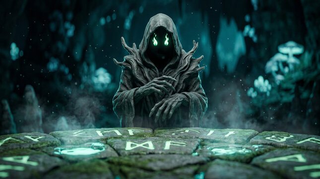 A hooded, cloaked specter hovers above a glowing rune circle in a misty subterranean cave, evoking dark fantasy, ritual magic, and otherworldly mystery with ancient stone glyphs.