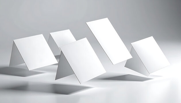 Set of blank white paper cards standing at different angles on a light gray surface, clean presentation