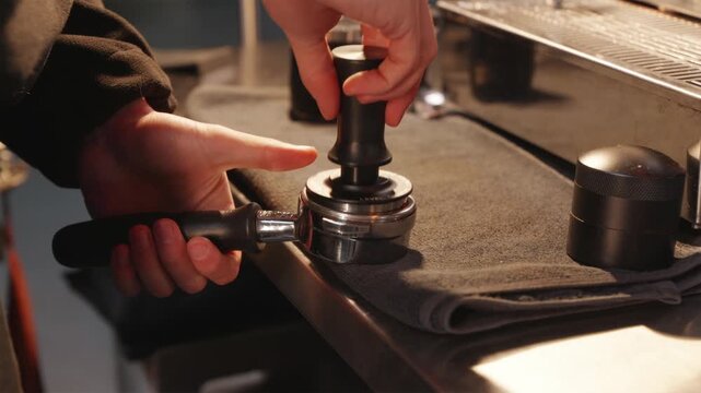 Close up of specialist tamping ground coffee in portafilter