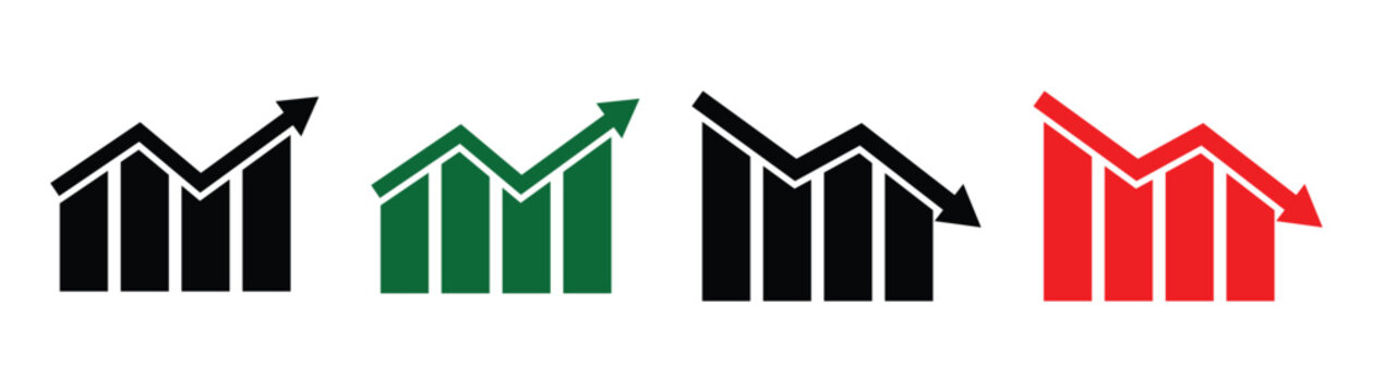 Financial profit and loss green and red arrow graph charts isolated on white background. Stock increase and decrease icons are commonly used in trading platforms and apps. Vector art illustration.